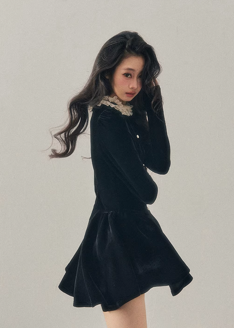 french lace mini dress, winter puff skirt dress, lace trim dress women, korean minimal dress, elegant winter mini dress, refined women dress, frill collar dress, feminine winter outfit, premium women dress, aomalm dress style, understated luxury clothing, modern french style dress, winter fashion women dress, structured mini dress, calm elegant dress