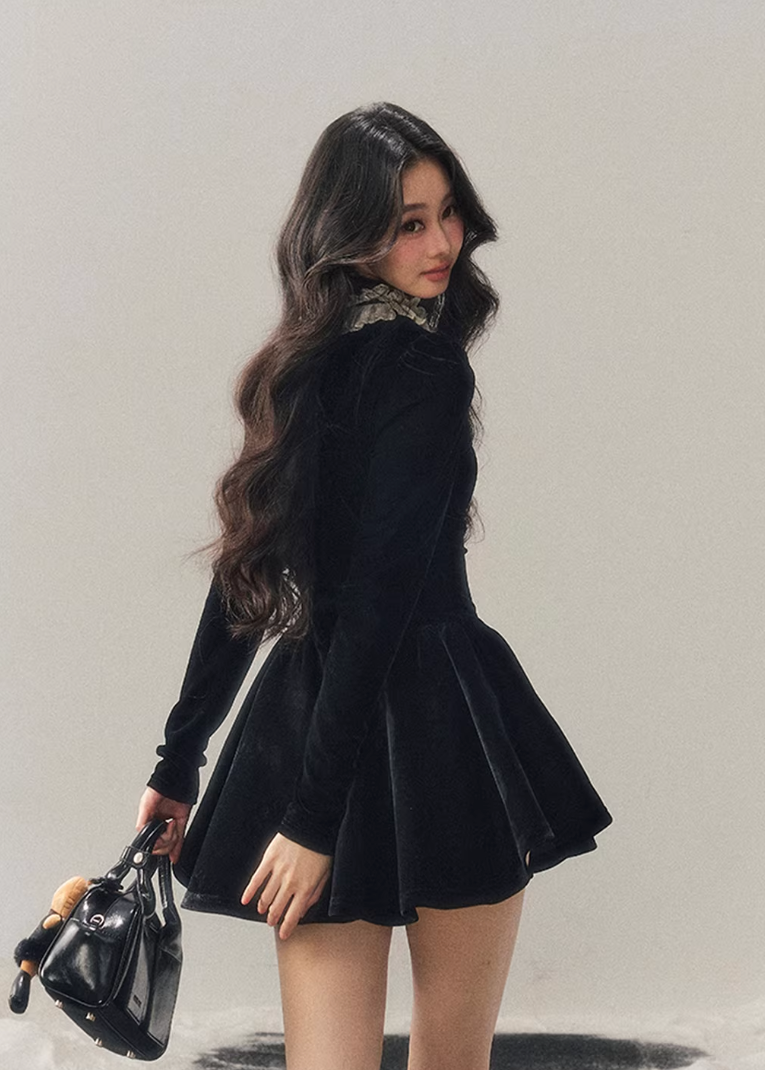 french lace mini dress, winter puff skirt dress, lace trim dress women, korean minimal dress, elegant winter mini dress, refined women dress, frill collar dress, feminine winter outfit, premium women dress, aomalm dress style, understated luxury clothing, modern french style dress, winter fashion women dress, structured mini dress, calm elegant dress