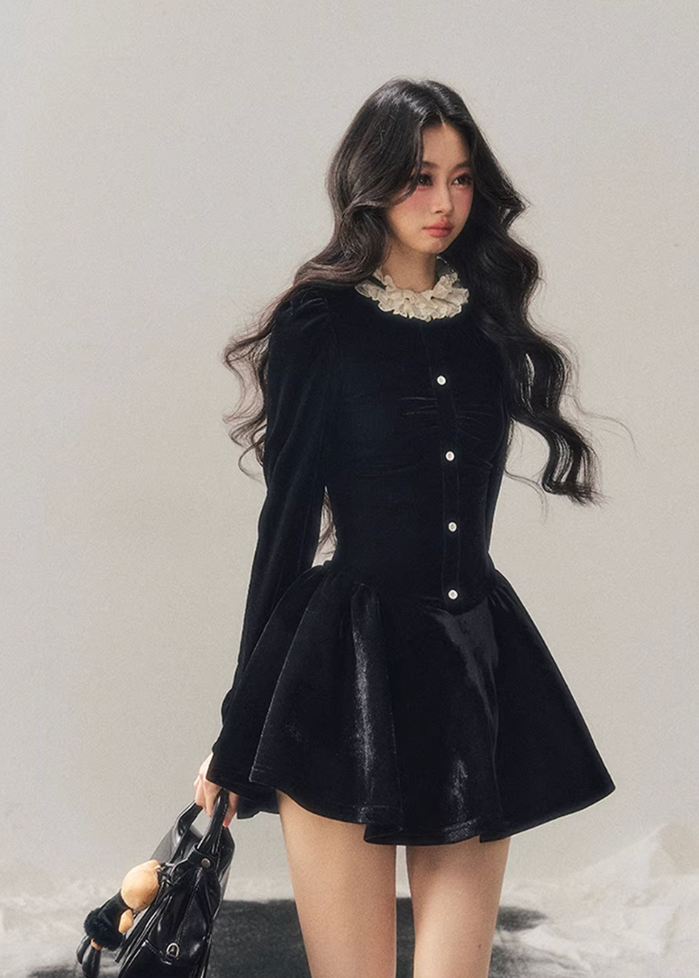 french lace mini dress, winter puff skirt dress, lace trim dress women, korean minimal dress, elegant winter mini dress, refined women dress, frill collar dress, feminine winter outfit, premium women dress, aomalm dress style, understated luxury clothing, modern french style dress, winter fashion women dress, structured mini dress, calm elegant dress