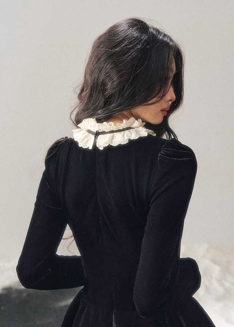 french lace mini dress, winter puff skirt dress, lace trim dress women, korean minimal dress, elegant winter mini dress, refined women dress, frill collar dress, feminine winter outfit, premium women dress, aomalm dress style, understated luxury clothing, modern french style dress, winter fashion women dress, structured mini dress, calm elegant dress