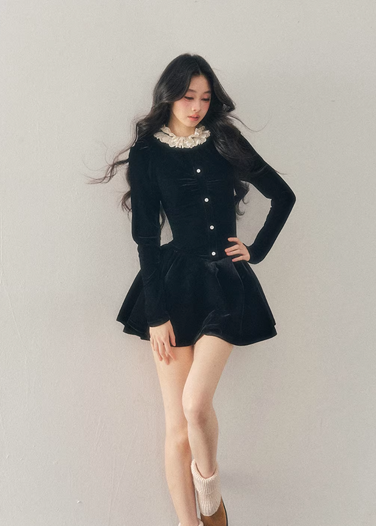 french lace mini dress, winter puff skirt dress, lace trim dress women, korean minimal dress, elegant winter mini dress, refined women dress, frill collar dress, feminine winter outfit, premium women dress, aomalm dress style, understated luxury clothing, modern french style dress, winter fashion women dress, structured mini dress, calm elegant dress