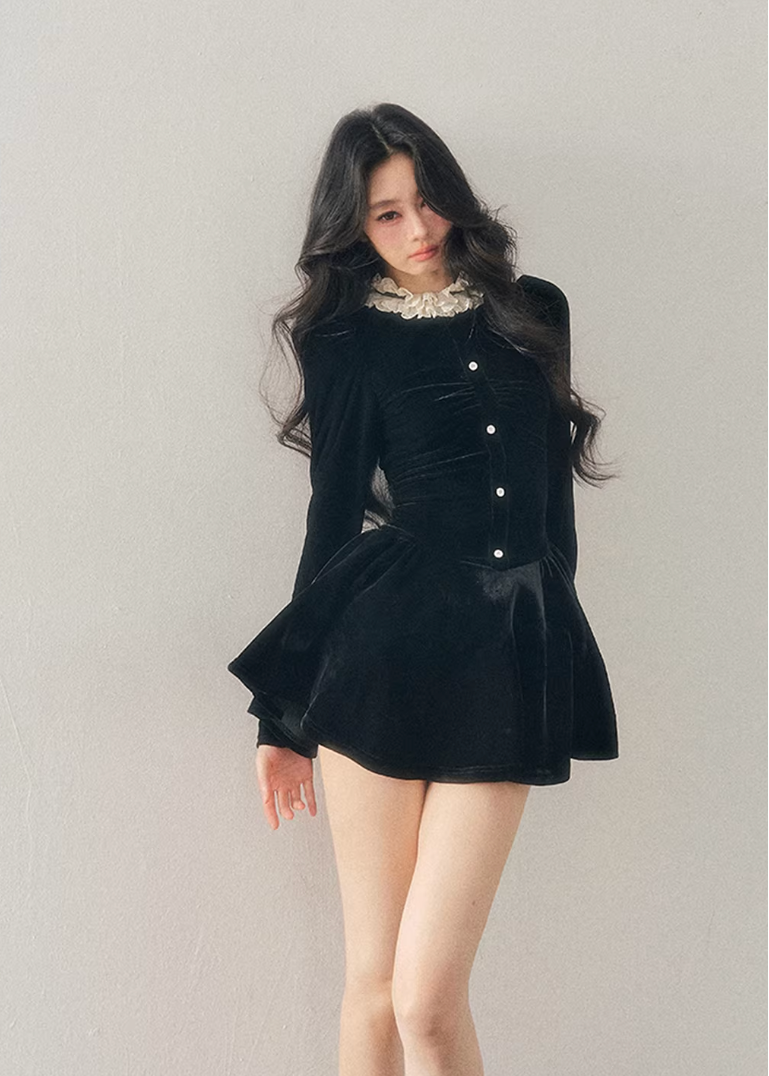 french lace mini dress, winter puff skirt dress, lace trim dress women, korean minimal dress, elegant winter mini dress, refined women dress, frill collar dress, feminine winter outfit, premium women dress, aomalm dress style, understated luxury clothing, modern french style dress, winter fashion women dress, structured mini dress, calm elegant dress