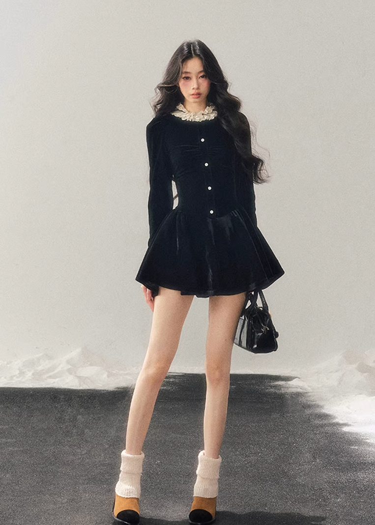french lace mini dress, winter puff skirt dress, lace trim dress women, korean minimal dress, elegant winter mini dress, refined women dress, frill collar dress, feminine winter outfit, premium women dress, aomalm dress style, understated luxury clothing, modern french style dress, winter fashion women dress, structured mini dress, calm elegant dress
