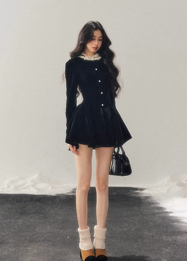 french lace mini dress, winter puff skirt dress, lace trim dress women, korean minimal dress, elegant winter mini dress, refined women dress, frill collar dress, feminine winter outfit, premium women dress, aomalm dress style, understated luxury clothing, modern french style dress, winter fashion women dress, structured mini dress, calm elegant dress