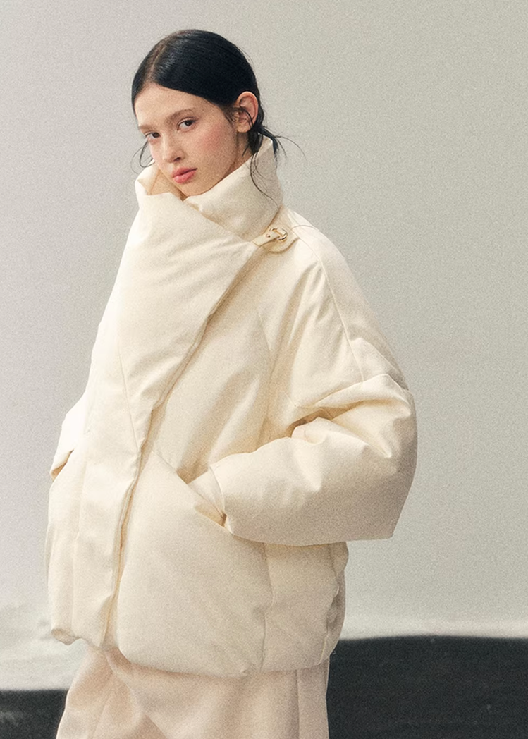 white duck down jacket women, winter down coat women, turtleneck puffer jacket, korean minimal outerwear, warm winter jacket women, premium down coat, thickened winter jacket, elegant puffer women, refined winter outerwear, aomalm down style, understated luxury coat, cold weather jacket women, modern women down jacket, soft silhouette winter coat, daily winter essential