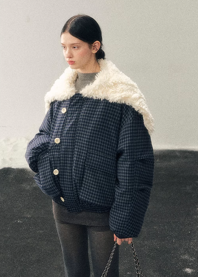 navy cotton jacket women, faux lamb wool collar coat, winter cotton coat women, korean minimal outerwear, refined winter jacket, elegant women coat, padded cotton jacket, understated luxury winter wear, aomalm jacket style, calm blue winter coat, modern women outerwear, feminine winter jacket, premium cotton coat, versatile winter jacket women, soft structure winter coat