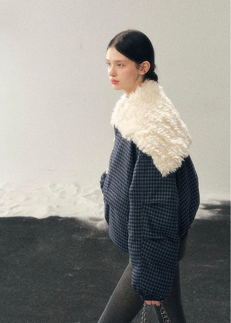 navy cotton jacket women, faux lamb wool collar coat, winter cotton coat women, korean minimal outerwear, refined winter jacket, elegant women coat, padded cotton jacket, understated luxury winter wear, aomalm jacket style, calm blue winter coat, modern women outerwear, feminine winter jacket, premium cotton coat, versatile winter jacket women, soft structure winter coat