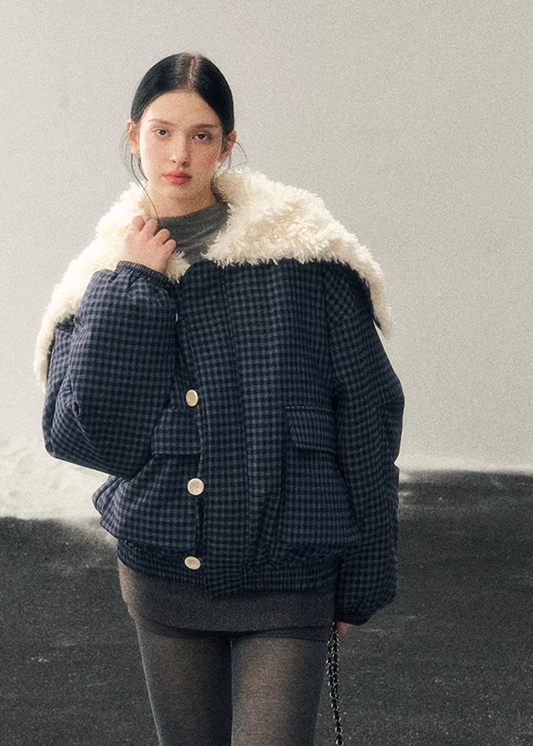 navy cotton jacket women, faux lamb wool collar coat, winter cotton coat women, korean minimal outerwear, refined winter jacket, elegant women coat, padded cotton jacket, understated luxury winter wear, aomalm jacket style, calm blue winter coat, modern women outerwear, feminine winter jacket, premium cotton coat, versatile winter jacket women, soft structure winter coat