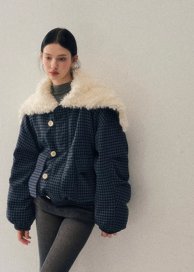 navy cotton jacket women, faux lamb wool collar coat, winter cotton coat women, korean minimal outerwear, refined winter jacket, elegant women coat, padded cotton jacket, understated luxury winter wear, aomalm jacket style, calm blue winter coat, modern women outerwear, feminine winter jacket, premium cotton coat, versatile winter jacket women, soft structure winter coat