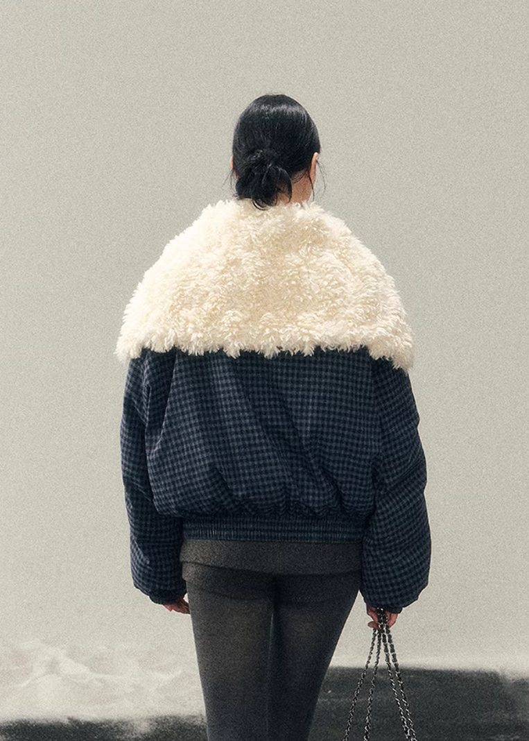 navy cotton jacket women, faux lamb wool collar coat, winter cotton coat women, korean minimal outerwear, refined winter jacket, elegant women coat, padded cotton jacket, understated luxury winter wear, aomalm jacket style, calm blue winter coat, modern women outerwear, feminine winter jacket, premium cotton coat, versatile winter jacket women, soft structure winter coat