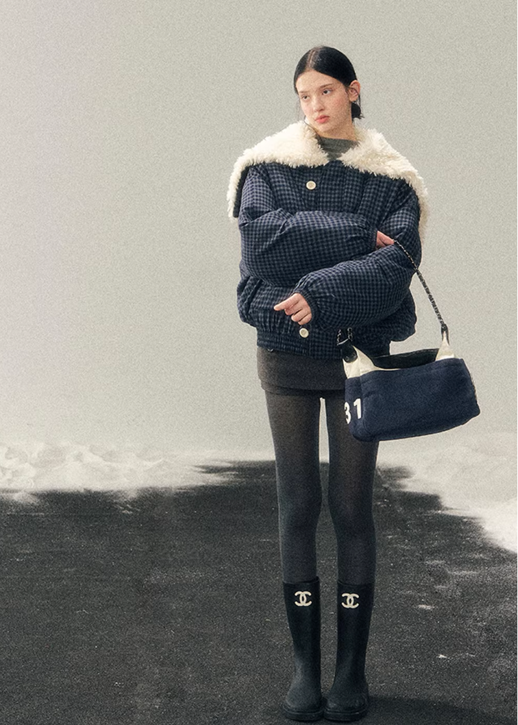 navy cotton jacket women, faux lamb wool collar coat, winter cotton coat women, korean minimal outerwear, refined winter jacket, elegant women coat, padded cotton jacket, understated luxury winter wear, aomalm jacket style, calm blue winter coat, modern women outerwear, feminine winter jacket, premium cotton coat, versatile winter jacket women, soft structure winter coat