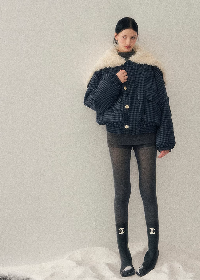navy cotton jacket women, faux lamb wool collar coat, winter cotton coat women, korean minimal outerwear, refined winter jacket, elegant women coat, padded cotton jacket, understated luxury winter wear, aomalm jacket style, calm blue winter coat, modern women outerwear, feminine winter jacket, premium cotton coat, versatile winter jacket women, soft structure winter coat
