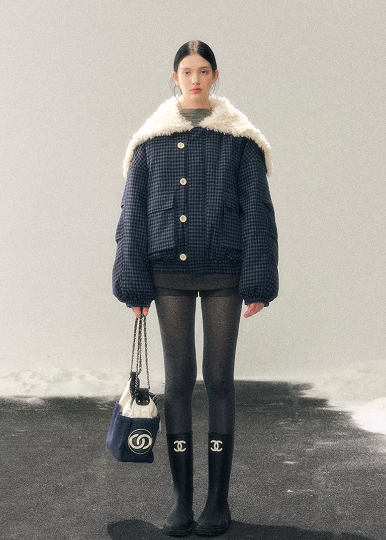 navy cotton jacket women, faux lamb wool collar coat, winter cotton coat women, korean minimal outerwear, refined winter jacket, elegant women coat, padded cotton jacket, understated luxury winter wear, aomalm jacket style, calm blue winter coat, modern women outerwear, feminine winter jacket, premium cotton coat, versatile winter jacket women, soft structure winter coat