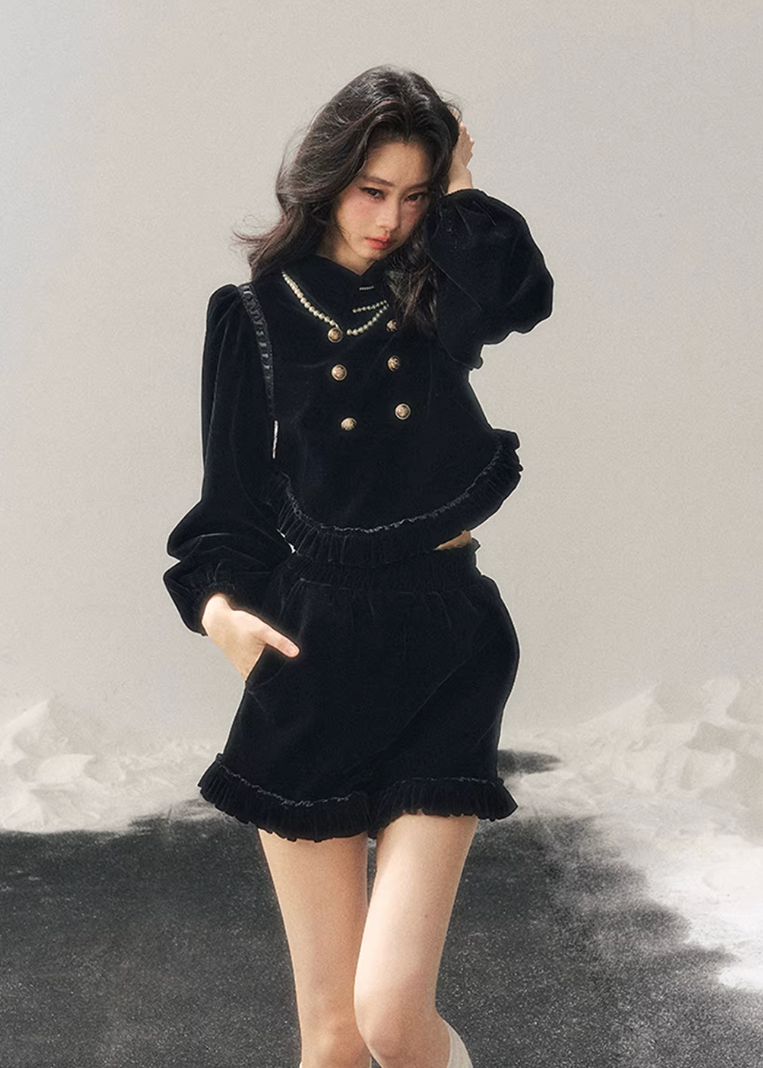 velvet two piece set women, french style velvet outfit, winter velvet top skirt set, korean minimal fashion women, elegant short skirt set, refined women velvet set, gold button velvet top, feminine winter outfit, premium women clothing, aomalm velvet style, understated luxury women wear, modern french inspired set, winter fashion women set, classic velvet ensemble, calm elegant winter outfit