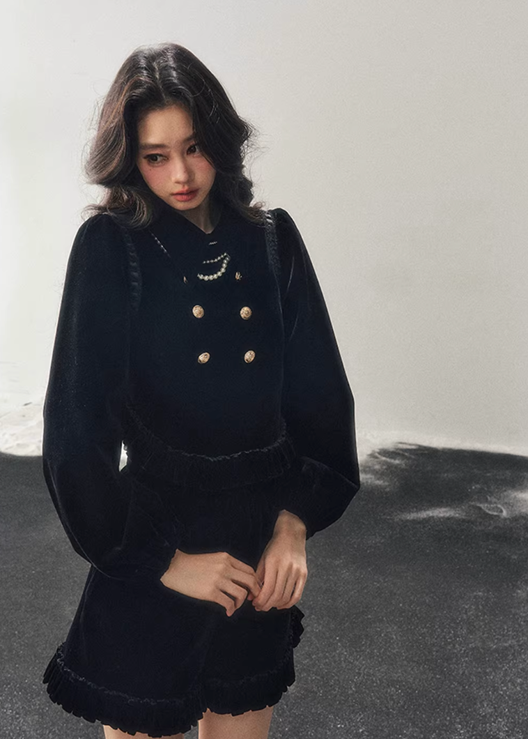 velvet two piece set women, french style velvet outfit, winter velvet top skirt set, korean minimal fashion women, elegant short skirt set, refined women velvet set, gold button velvet top, feminine winter outfit, premium women clothing, aomalm velvet style, understated luxury women wear, modern french inspired set, winter fashion women set, classic velvet ensemble, calm elegant winter outfit