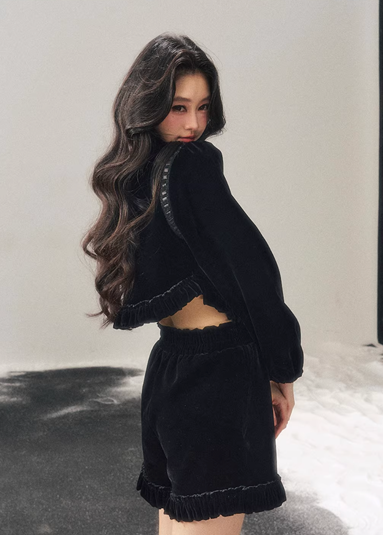 velvet two piece set women, french style velvet outfit, winter velvet top skirt set, korean minimal fashion women, elegant short skirt set, refined women velvet set, gold button velvet top, feminine winter outfit, premium women clothing, aomalm velvet style, understated luxury women wear, modern french inspired set, winter fashion women set, classic velvet ensemble, calm elegant winter outfit