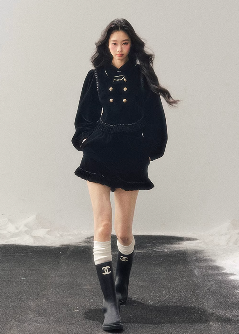 velvet two piece set women, french style velvet outfit, winter velvet top skirt set, korean minimal fashion women, elegant short skirt set, refined women velvet set, gold button velvet top, feminine winter outfit, premium women clothing, aomalm velvet style, understated luxury women wear, modern french inspired set, winter fashion women set, classic velvet ensemble, calm elegant winter outfit