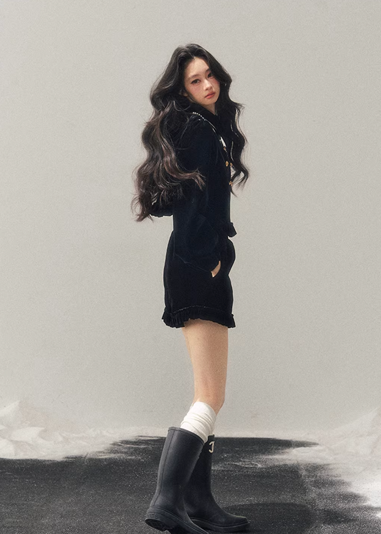 velvet two piece set women, french style velvet outfit, winter velvet top skirt set, korean minimal fashion women, elegant short skirt set, refined women velvet set, gold button velvet top, feminine winter outfit, premium women clothing, aomalm velvet style, understated luxury women wear, modern french inspired set, winter fashion women set, classic velvet ensemble, calm elegant winter outfit