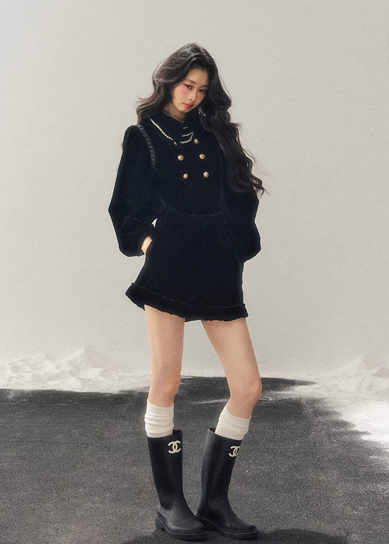 velvet two piece set women, french style velvet outfit, winter velvet top skirt set, korean minimal fashion women, elegant short skirt set, refined women velvet set, gold button velvet top, feminine winter outfit, premium women clothing, aomalm velvet style, understated luxury women wear, modern french inspired set, winter fashion women set, classic velvet ensemble, calm elegant winter outfit