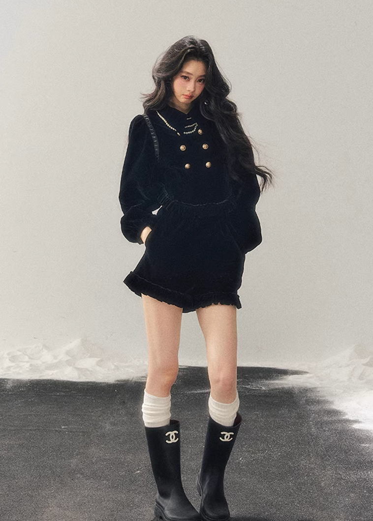 velvet two piece set women, french style velvet outfit, winter velvet top skirt set, korean minimal fashion women, elegant short skirt set, refined women velvet set, gold button velvet top, feminine winter outfit, premium women clothing, aomalm velvet style, understated luxury women wear, modern french inspired set, winter fashion women set, classic velvet ensemble, calm elegant winter outfit
