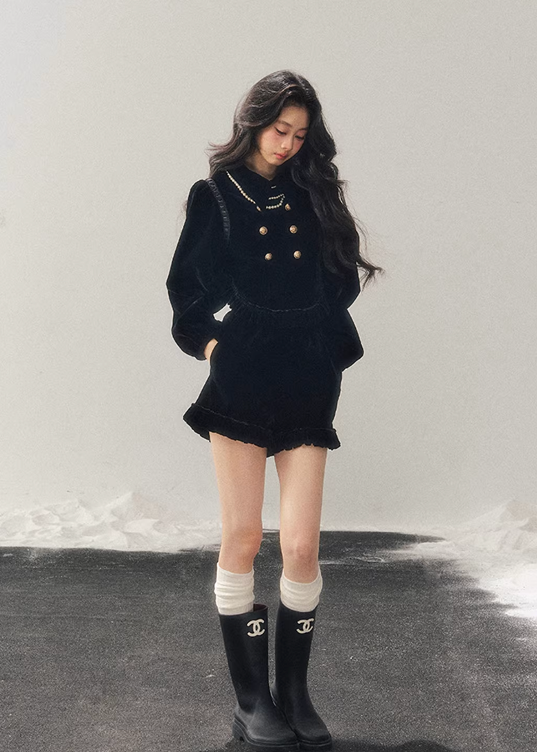 velvet two piece set women, french style velvet outfit, winter velvet top skirt set, korean minimal fashion women, elegant short skirt set, refined women velvet set, gold button velvet top, feminine winter outfit, premium women clothing, aomalm velvet style, understated luxury women wear, modern french inspired set, winter fashion women set, classic velvet ensemble, calm elegant winter outfit