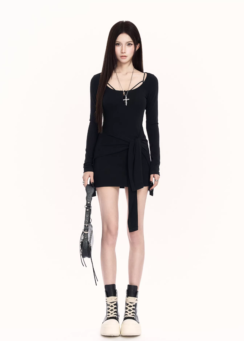 black knit mini dress women, bodycon long sleeve dress, edgy streetwear dress, fake two piece dress women, waist shaping knit dress, dark fashion mini dress, vock dress style, minimalist edgy outfit, urban women dress, spring street dress women, slim fit knit dress, alternative fashion dress, modern black dress women, cold style fashion dress, structured knit mini