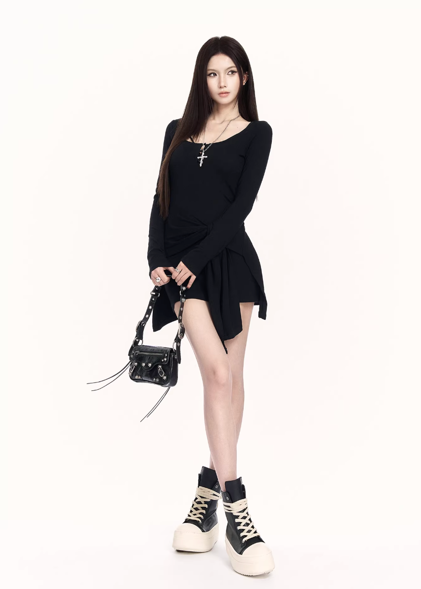 black knit mini dress women, bodycon long sleeve dress, edgy streetwear dress, fake two piece dress women, waist shaping knit dress, dark fashion mini dress, vock dress style, minimalist edgy outfit, urban women dress, spring street dress women, slim fit knit dress, alternative fashion dress, modern black dress women, cold style fashion dress, structured knit mini
