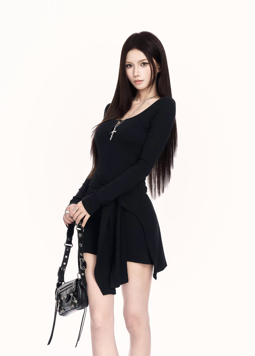 black knit mini dress women, bodycon long sleeve dress, edgy streetwear dress, fake two piece dress women, waist shaping knit dress, dark fashion mini dress, vock dress style, minimalist edgy outfit, urban women dress, spring street dress women, slim fit knit dress, alternative fashion dress, modern black dress women, cold style fashion dress, structured knit mini