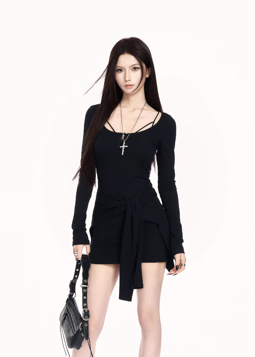 black knit mini dress women, bodycon long sleeve dress, edgy streetwear dress, fake two piece dress women, waist shaping knit dress, dark fashion mini dress, vock dress style, minimalist edgy outfit, urban women dress, spring street dress women, slim fit knit dress, alternative fashion dress, modern black dress women, cold style fashion dress, structured knit mini