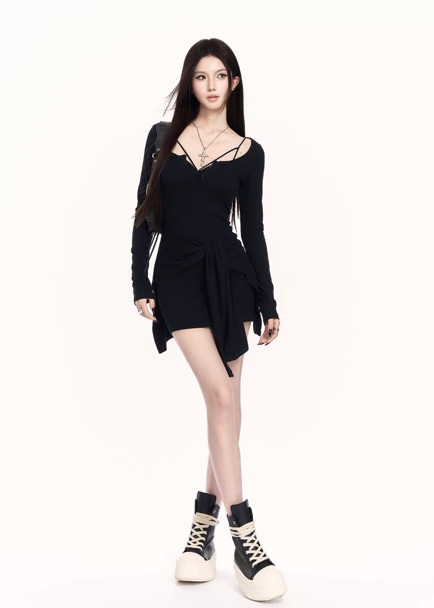 black knit mini dress women, bodycon long sleeve dress, edgy streetwear dress, fake two piece dress women, waist shaping knit dress, dark fashion mini dress, vock dress style, minimalist edgy outfit, urban women dress, spring street dress women, slim fit knit dress, alternative fashion dress, modern black dress women, cold style fashion dress, structured knit mini