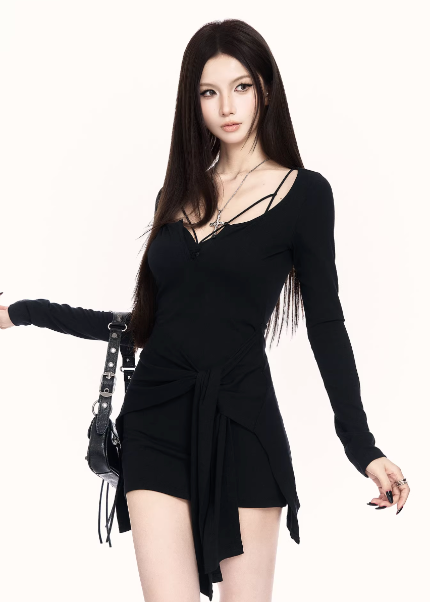 black knit mini dress women, bodycon long sleeve dress, edgy streetwear dress, fake two piece dress women, waist shaping knit dress, dark fashion mini dress, vock dress style, minimalist edgy outfit, urban women dress, spring street dress women, slim fit knit dress, alternative fashion dress, modern black dress women, cold style fashion dress, structured knit mini