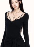 black knit mini dress women, bodycon long sleeve dress, edgy streetwear dress, fake two piece dress women, waist shaping knit dress, dark fashion mini dress, vock dress style, minimalist edgy outfit, urban women dress, spring street dress women, slim fit knit dress, alternative fashion dress, modern black dress women, cold style fashion dress, structured knit mini