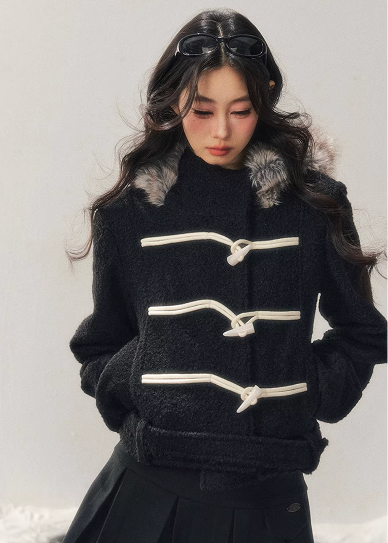 horn button wool jacket women, hooded wool coat women, padded winter jacket women, french style wool coat, korean minimal outerwear, refined winter jacket, elegant women coat, thickened wool jacket, premium women outerwear, aomalm wool style, understated luxury winter wear, modern women wool coat, feminine winter jacket, classic toggle coat women, daily winter outerwear