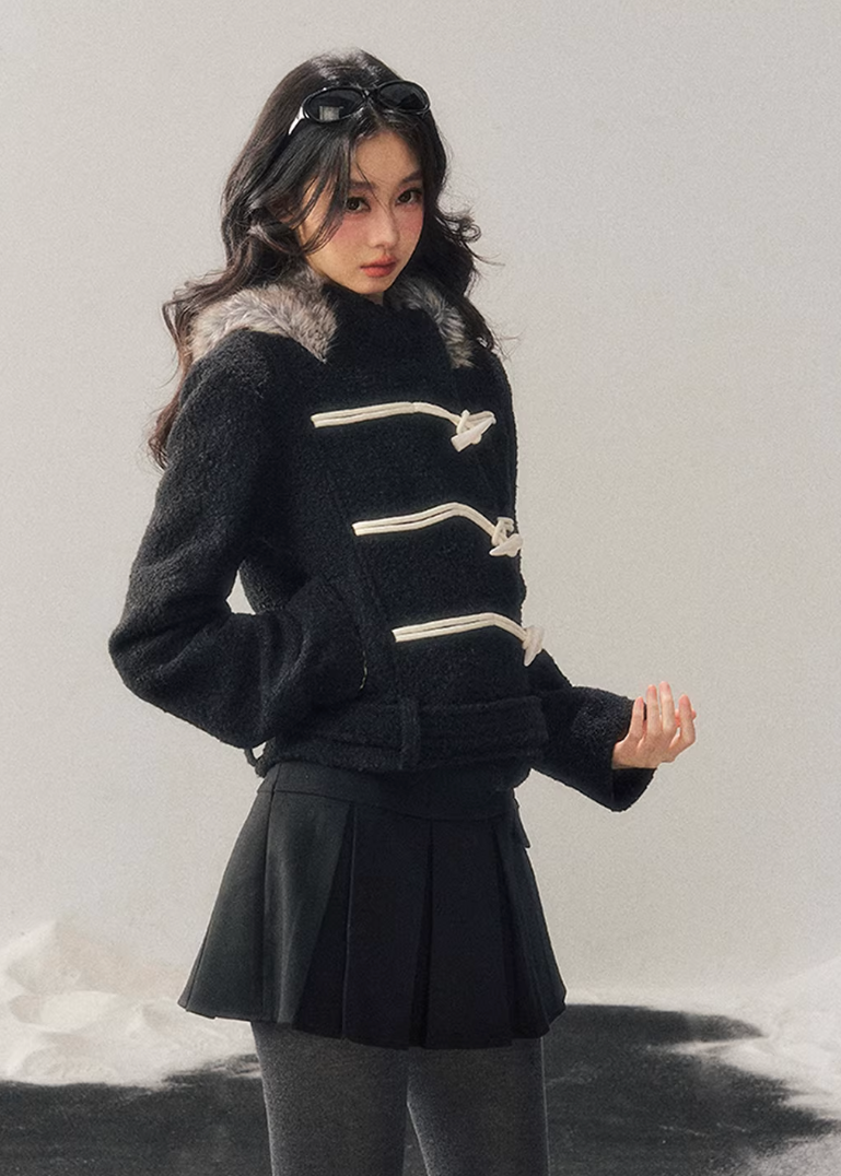 horn button wool jacket women, hooded wool coat women, padded winter jacket women, french style wool coat, korean minimal outerwear, refined winter jacket, elegant women coat, thickened wool jacket, premium women outerwear, aomalm wool style, understated luxury winter wear, modern women wool coat, feminine winter jacket, classic toggle coat women, daily winter outerwear