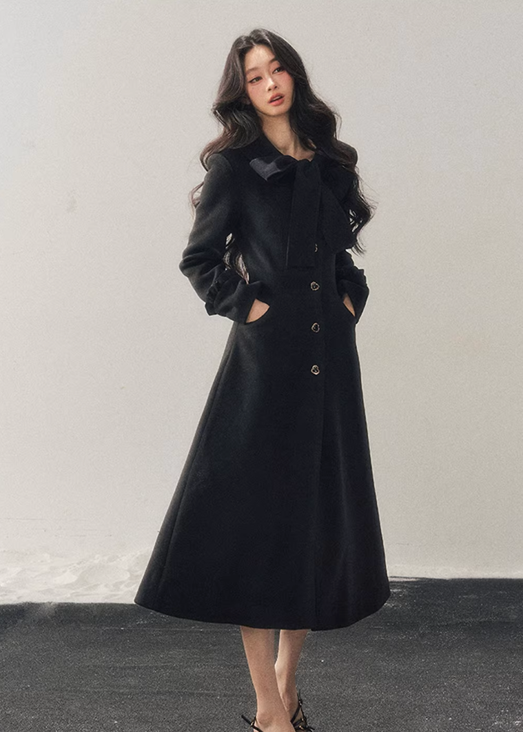 hepburn trench coat women, winter long coat women, cotton wool trench coat, korean minimal outerwear, elegant winter trench, refined women coat, classic long wool coat, premium women outerwear, aomalm coat style, understated luxury winter wear, feminine long coat women, modern trench coat winter, timeless women coat, structured winter trench, daily elegant outerwear