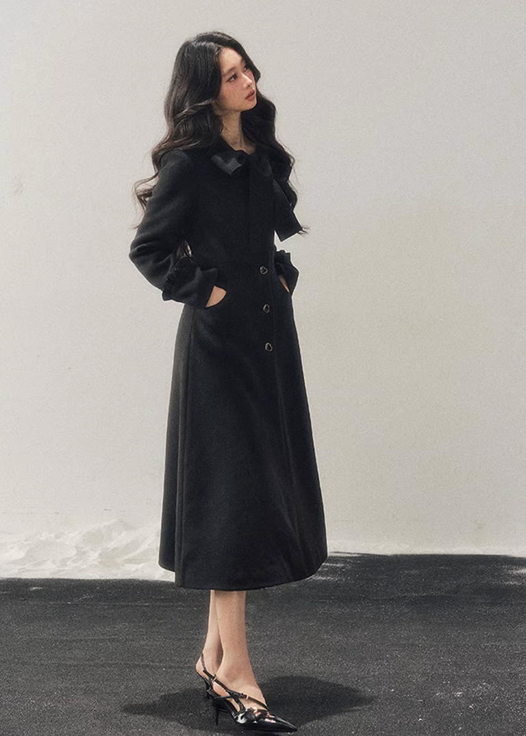 hepburn trench coat women, winter long coat women, cotton wool trench coat, korean minimal outerwear, elegant winter trench, refined women coat, classic long wool coat, premium women outerwear, aomalm coat style, understated luxury winter wear, feminine long coat women, modern trench coat winter, timeless women coat, structured winter trench, daily elegant outerwear