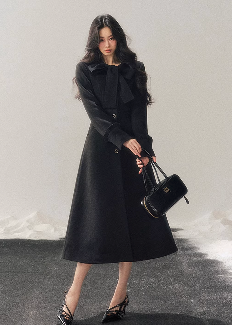 hepburn trench coat women, winter long coat women, cotton wool trench coat, korean minimal outerwear, elegant winter trench, refined women coat, classic long wool coat, premium women outerwear, aomalm coat style, understated luxury winter wear, feminine long coat women, modern trench coat winter, timeless women coat, structured winter trench, daily elegant outerwear