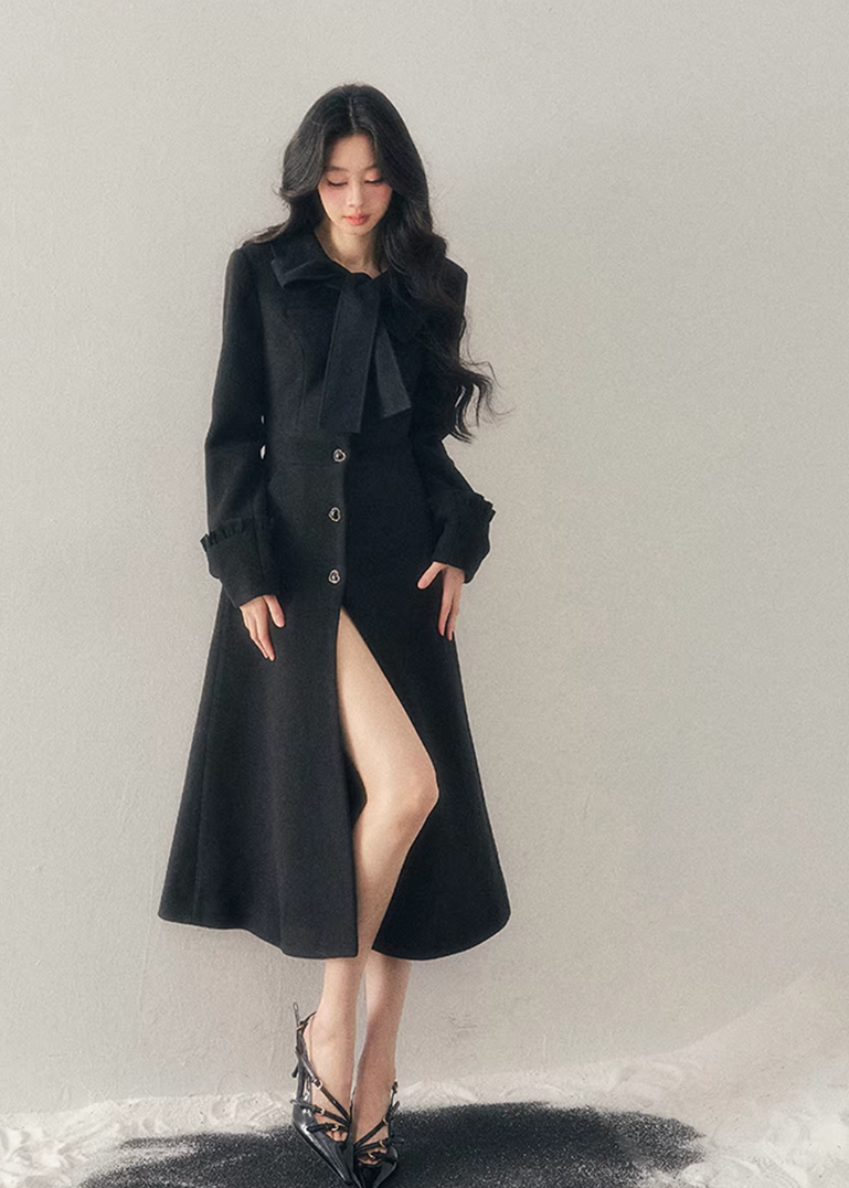 hepburn trench coat women, winter long coat women, cotton wool trench coat, korean minimal outerwear, elegant winter trench, refined women coat, classic long wool coat, premium women outerwear, aomalm coat style, understated luxury winter wear, feminine long coat women, modern trench coat winter, timeless women coat, structured winter trench, daily elegant outerwear