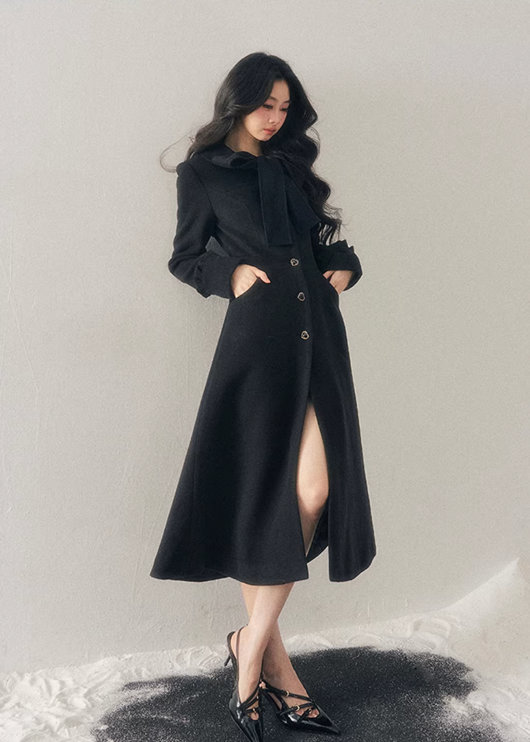 hepburn trench coat women, winter long coat women, cotton wool trench coat, korean minimal outerwear, elegant winter trench, refined women coat, classic long wool coat, premium women outerwear, aomalm coat style, understated luxury winter wear, feminine long coat women, modern trench coat winter, timeless women coat, structured winter trench, daily elegant outerwear