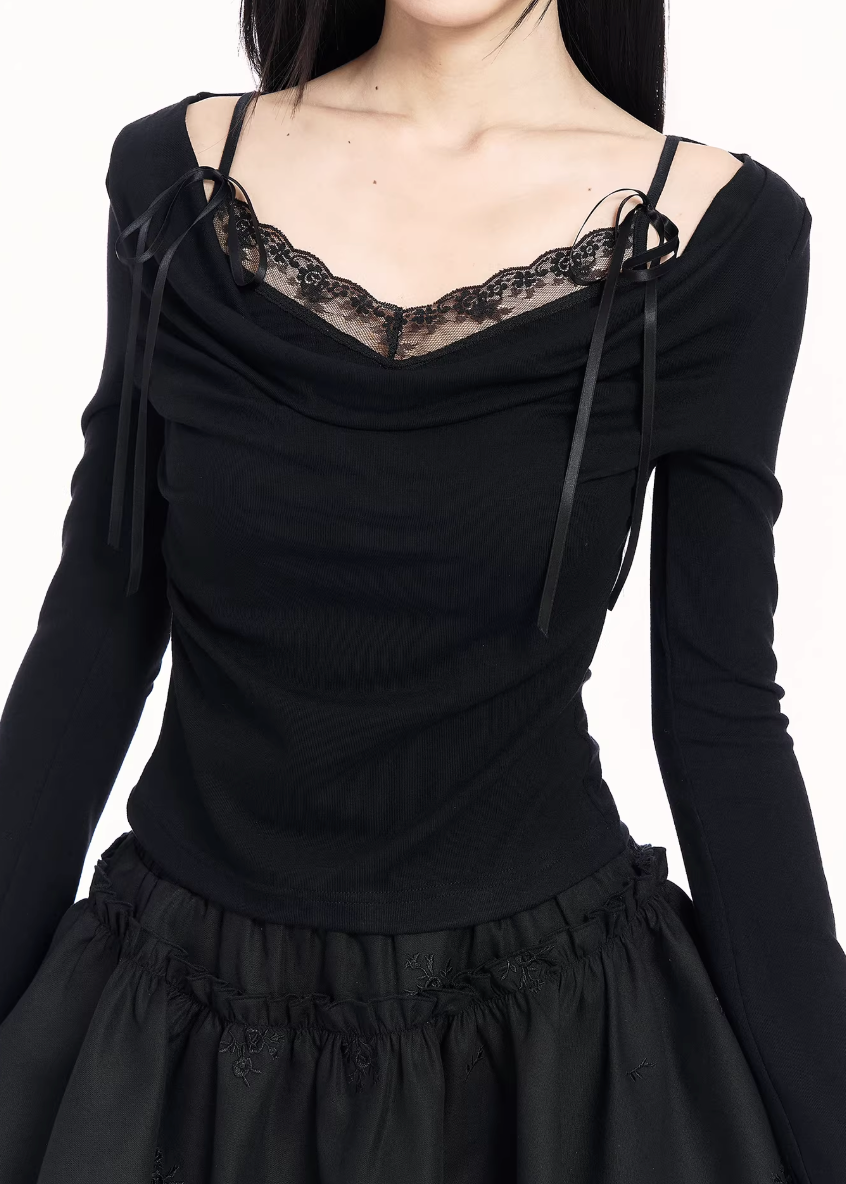 lace drape knit top women, slim fit black knit top, fake two waist top, edgy base layer women, dark minimalist fashion top, vock knit style, waist shaping long sleeve top, alternative fashion knitwear, structured women top, modern black lace top, cold style womenswear, body contour knit top, urban edgy clothing women, minimalist street fashion top, controlled silhouette knit