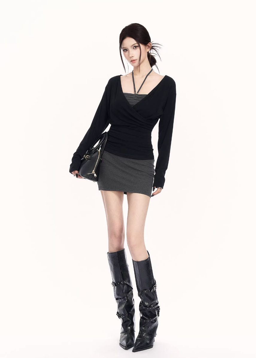 black gray knit set women, two piece knit skirt set, edgy slim fit outfit, v neck knit top women, bodycon skirt set women, dark minimalist fashion, vock set style, urban women knitwear, waist shaping knit set, alternative street fashion women, modern black outfit women, controlled silhouette clothing, edgy spring knit set, slim fit knitwear women, minimalist street set