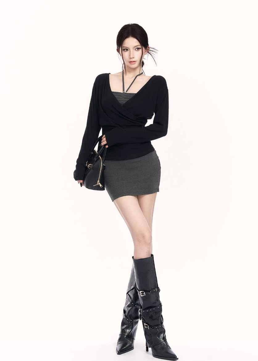 black gray knit set women, two piece knit skirt set, edgy slim fit outfit, v neck knit top women, bodycon skirt set women, dark minimalist fashion, vock set style, urban women knitwear, waist shaping knit set, alternative street fashion women, modern black outfit women, controlled silhouette clothing, edgy spring knit set, slim fit knitwear women, minimalist street set