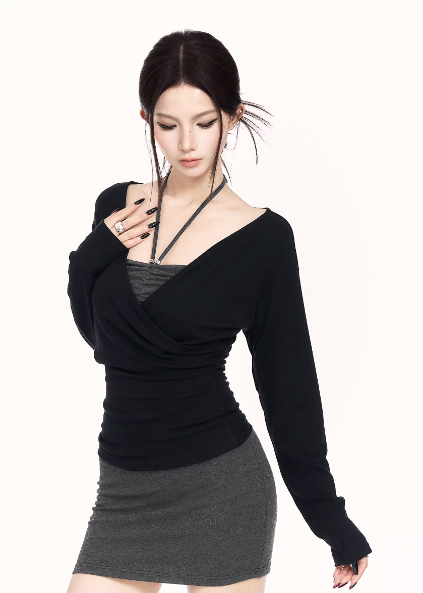black gray knit set women, two piece knit skirt set, edgy slim fit outfit, v neck knit top women, bodycon skirt set women, dark minimalist fashion, vock set style, urban women knitwear, waist shaping knit set, alternative street fashion women, modern black outfit women, controlled silhouette clothing, edgy spring knit set, slim fit knitwear women, minimalist street set