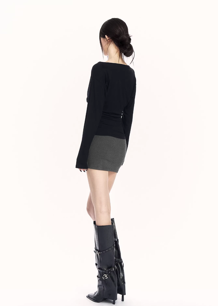 black gray knit set women, two piece knit skirt set, edgy slim fit outfit, v neck knit top women, bodycon skirt set women, dark minimalist fashion, vock set style, urban women knitwear, waist shaping knit set, alternative street fashion women, modern black outfit women, controlled silhouette clothing, edgy spring knit set, slim fit knitwear women, minimalist street set