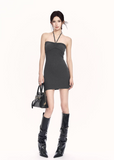 black gray knit set women, two piece knit skirt set, edgy slim fit outfit, v neck knit top women, bodycon skirt set women, dark minimalist fashion, vock set style, urban women knitwear, waist shaping knit set, alternative street fashion women, modern black outfit women, controlled silhouette clothing, edgy spring knit set, slim fit knitwear women, minimalist street set