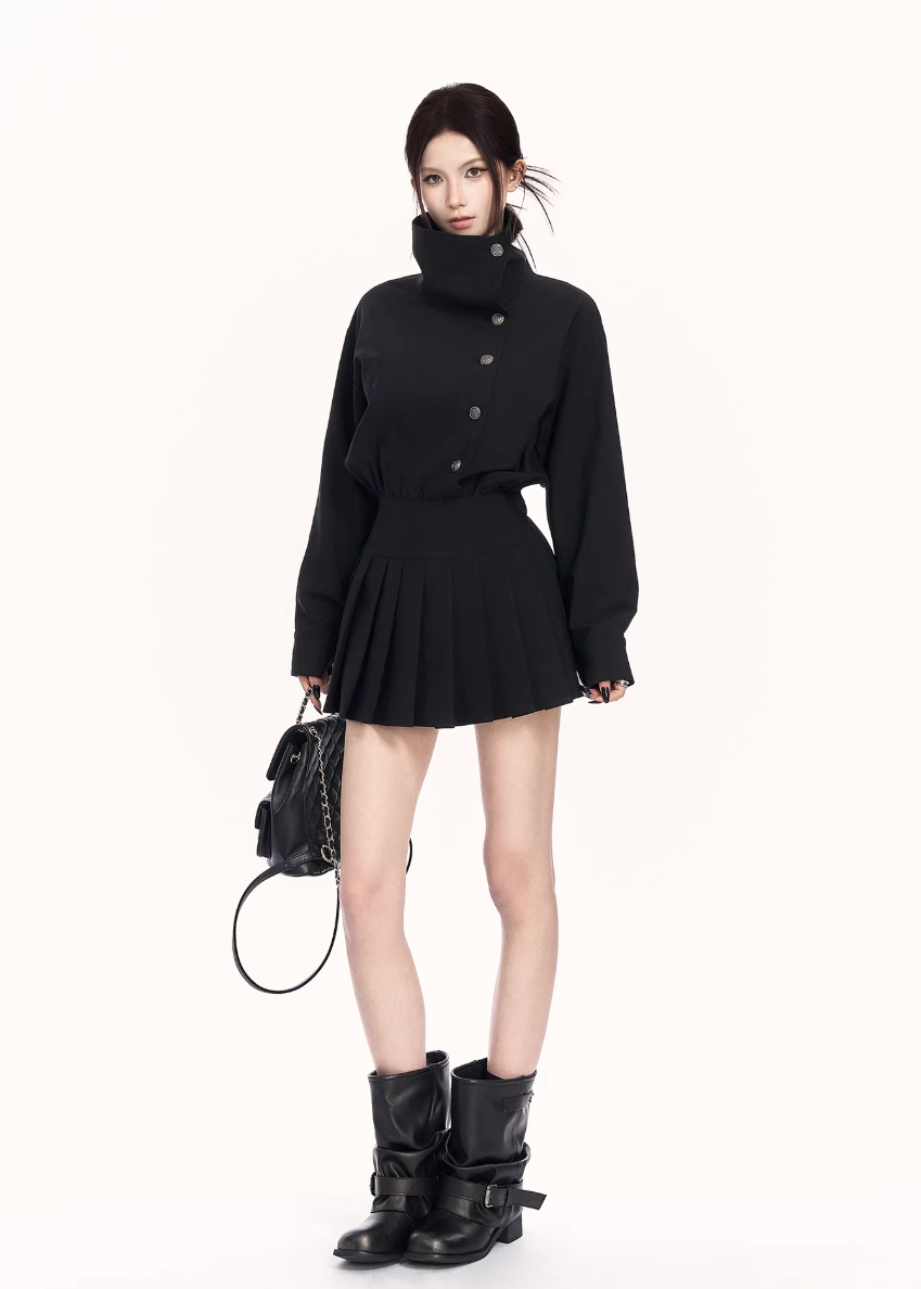 trench style mini dress women, pleated waist dress, british college dress women, edgy commuter dress, lapel mini dress women, dark minimalist fashion dress, vock dress style, tailored spring dress women, urban preppy dress, waist shaping mini dress, alternative office wear women, structured pleated dress, modern black gray dress, controlled silhouette fashion, early spring women dress