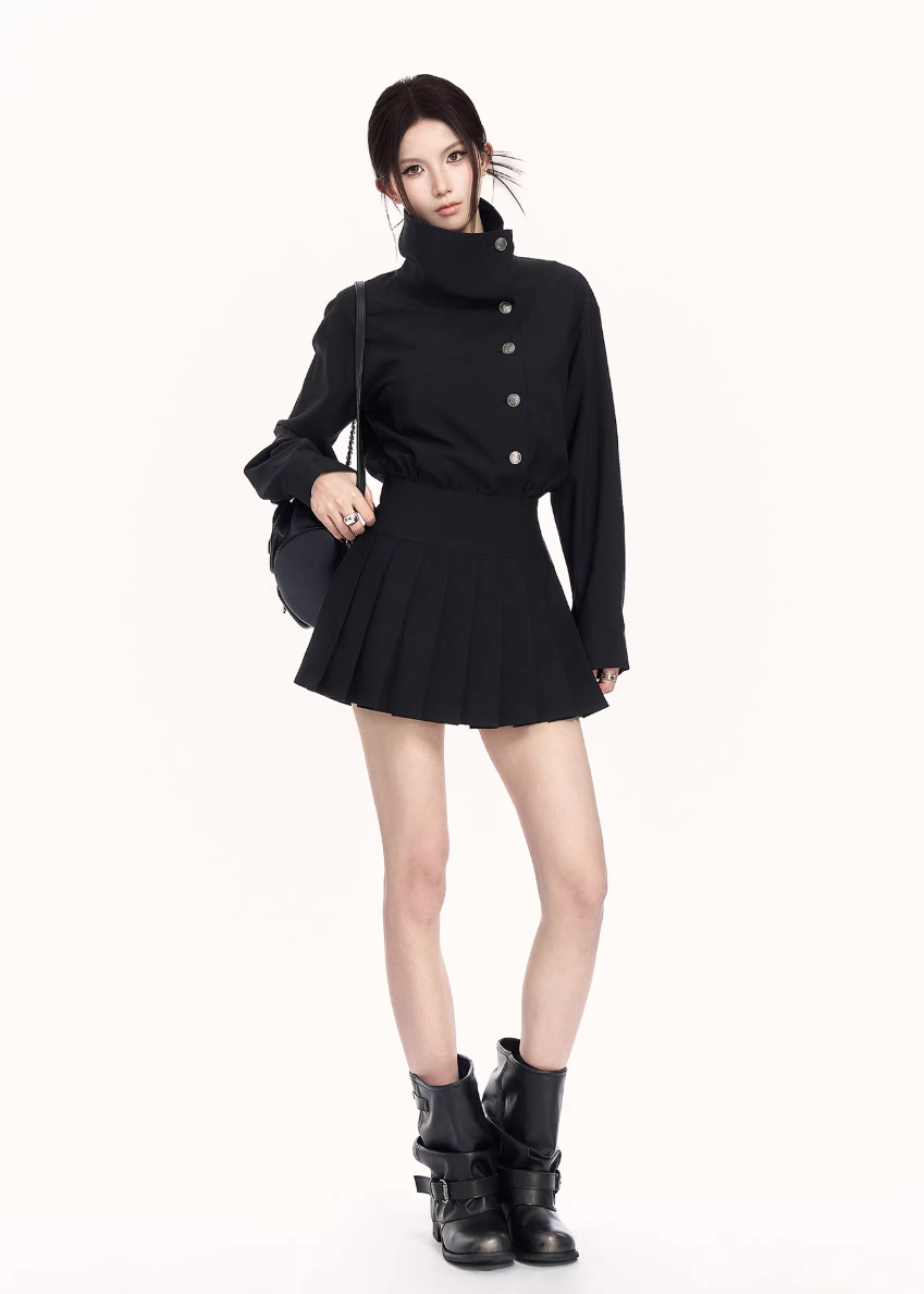 trench style mini dress women, pleated waist dress, british college dress women, edgy commuter dress, lapel mini dress women, dark minimalist fashion dress, vock dress style, tailored spring dress women, urban preppy dress, waist shaping mini dress, alternative office wear women, structured pleated dress, modern black gray dress, controlled silhouette fashion, early spring women dress