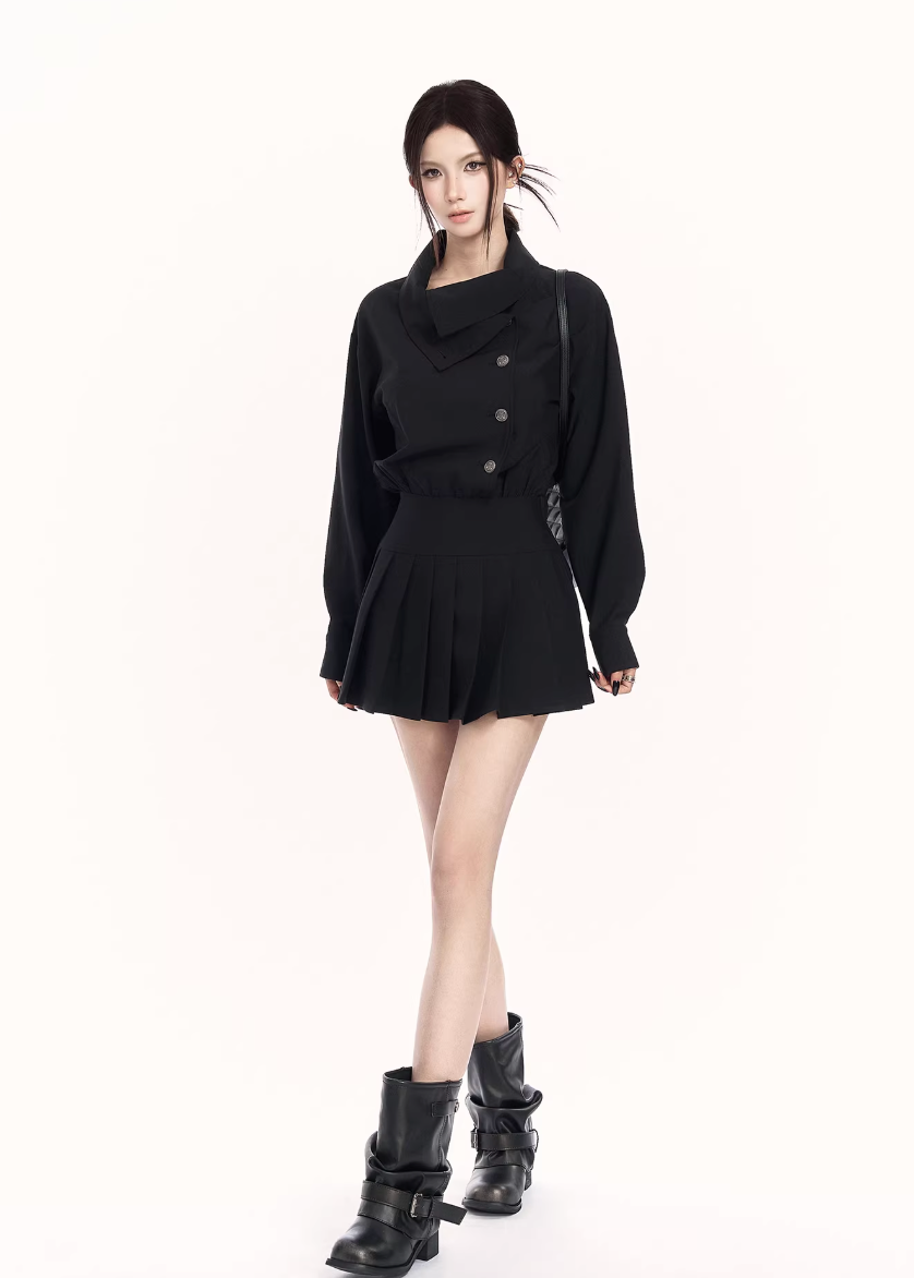 trench style mini dress women, pleated waist dress, british college dress women, edgy commuter dress, lapel mini dress women, dark minimalist fashion dress, vock dress style, tailored spring dress women, urban preppy dress, waist shaping mini dress, alternative office wear women, structured pleated dress, modern black gray dress, controlled silhouette fashion, early spring women dress