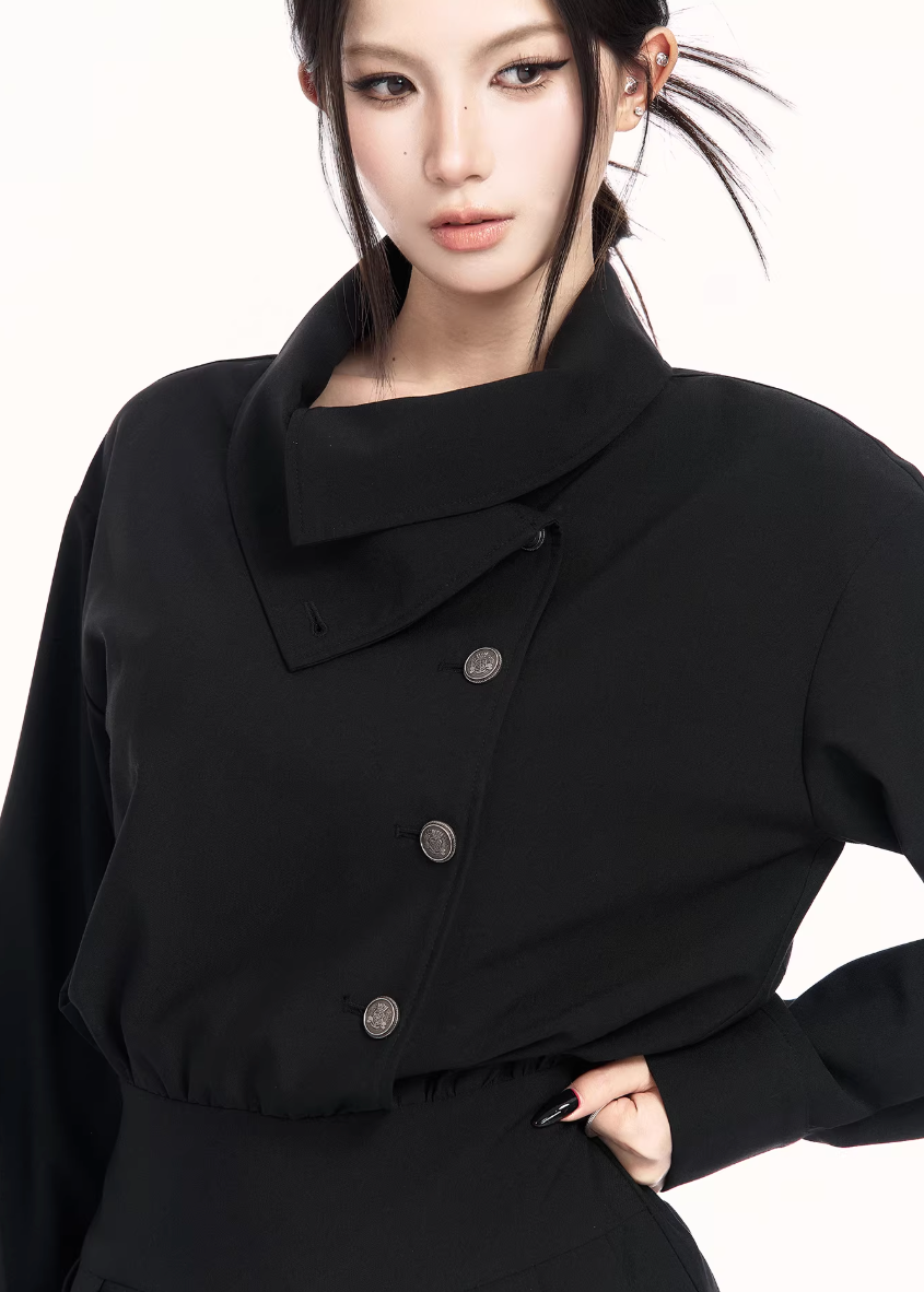 trench style mini dress women, pleated waist dress, british college dress women, edgy commuter dress, lapel mini dress women, dark minimalist fashion dress, vock dress style, tailored spring dress women, urban preppy dress, waist shaping mini dress, alternative office wear women, structured pleated dress, modern black gray dress, controlled silhouette fashion, early spring women dress