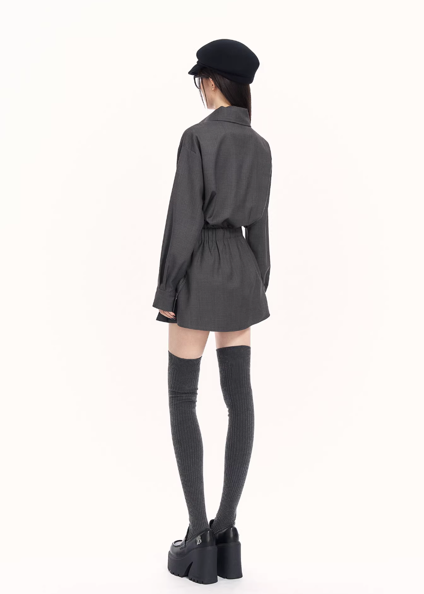 trench style mini dress women, pleated waist dress, british college dress women, edgy commuter dress, lapel mini dress women, dark minimalist fashion dress, vock dress style, tailored spring dress women, urban preppy dress, waist shaping mini dress, alternative office wear women, structured pleated dress, modern black gray dress, controlled silhouette fashion, early spring women dress